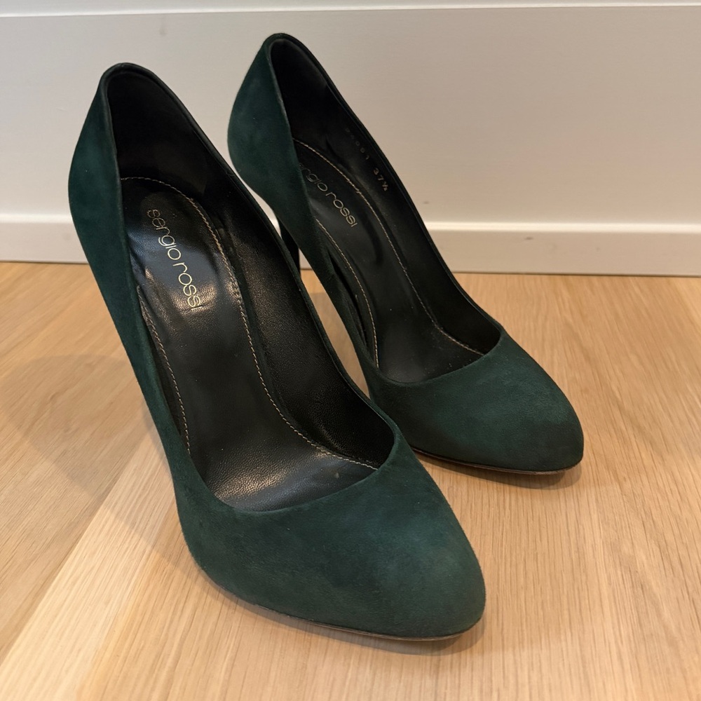 Sergio Rossi Dark / Hunter Green Suede Kalika Pump, Size 37.5